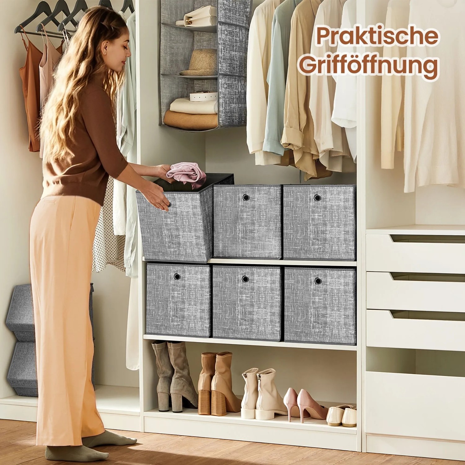 Songmics Aufbewahrungsbox-Set, 6 graue Stoffboxen (30x30x30 cm) im Regal.