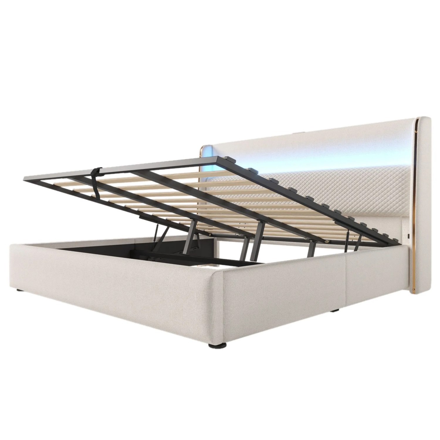 okwish Hydraulisches Bett 180x200cm mit LED Beleuchtung Kinderzimmer Beige ohne Matratze