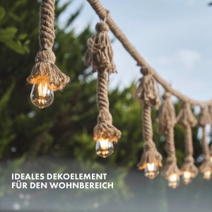Dekorative Lichterkette mit Juteseil und Glühbirnen für den Innen- und Außenbereich.