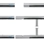 Detailansicht glänzender Metallrohre eines Französischen Balkons, Montagepunkte mit Pfeilen. Geländer, Füllstäbe.