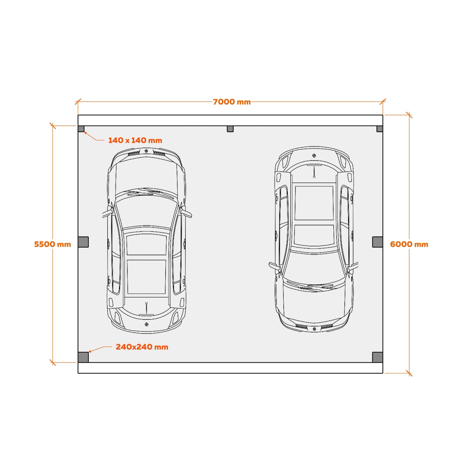 Skizze des Holzbrüder Carport Ralf 42 in Natur-Dunkelgrau mit Maßangaben und zwei Autos.