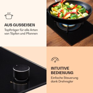 Klarstein Goldflame Gaskochfeld schwarz mit Wokbrenner, Topfträger aus Gusseisen, Drehregler. Gemüse kocht auf Glaskeramik.