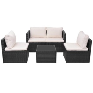 Furnicato 5-tlg. Garten Lounge Set aus Polyrattan in Schwarz mit cremeweißen Auflagen.