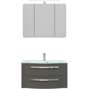 Pelipal Badmöbel-Set Serie 4005, 92 cm, Steingrau Hochglanz: Waschbeckenunterschrank, Glaswaschtisch und Spiegelschrank.