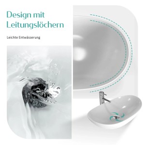 Ovales Emke Handwaschbecken aus Keramik, Aufsatzwaschbecken mit Armatur und Wasser.