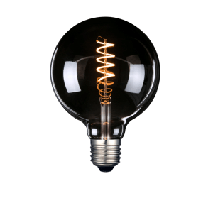 Dimmbares LUXULA LED Filament Leuchtmittel in Kugelform mit Spiralfilament und E27 Gewinde.