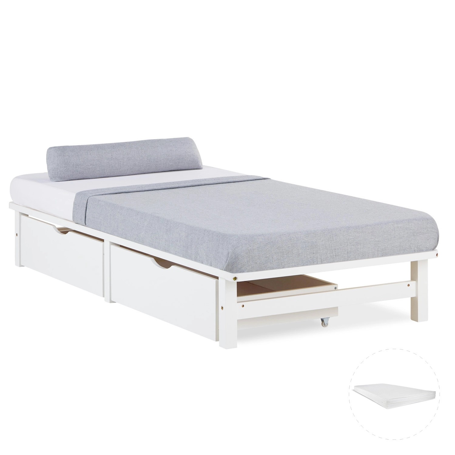 Homestyle4u Holzbett Jugendbett Palettenbett 90x200 mit Matratze 2 Bettkästen Weiß 3041