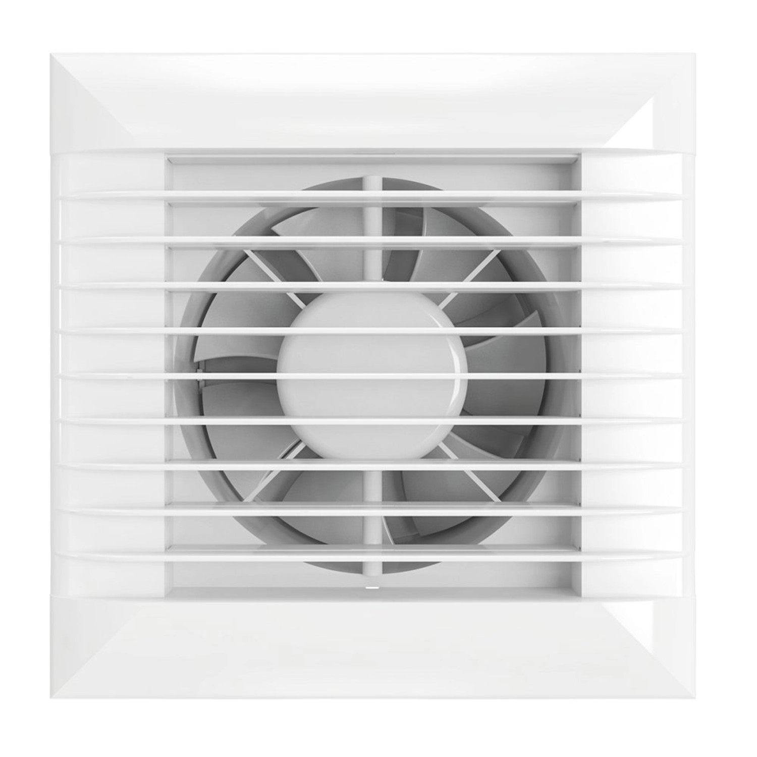 Weißer VLANO Badlüfter FLAP 125 mit Jalousie, Frontansicht.