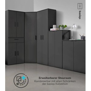 Anthrazitfarbene Büroschränke von mokebo, Mehrzweck- und Aufbewahrungsschränke kombiniert.