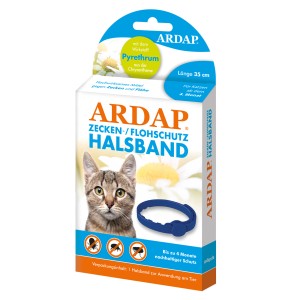 Ardap Zecken- und Flohhalsband für Katzen, bis zu 4 Monate Schutz. Halsband auf Verpackung abgebildet.