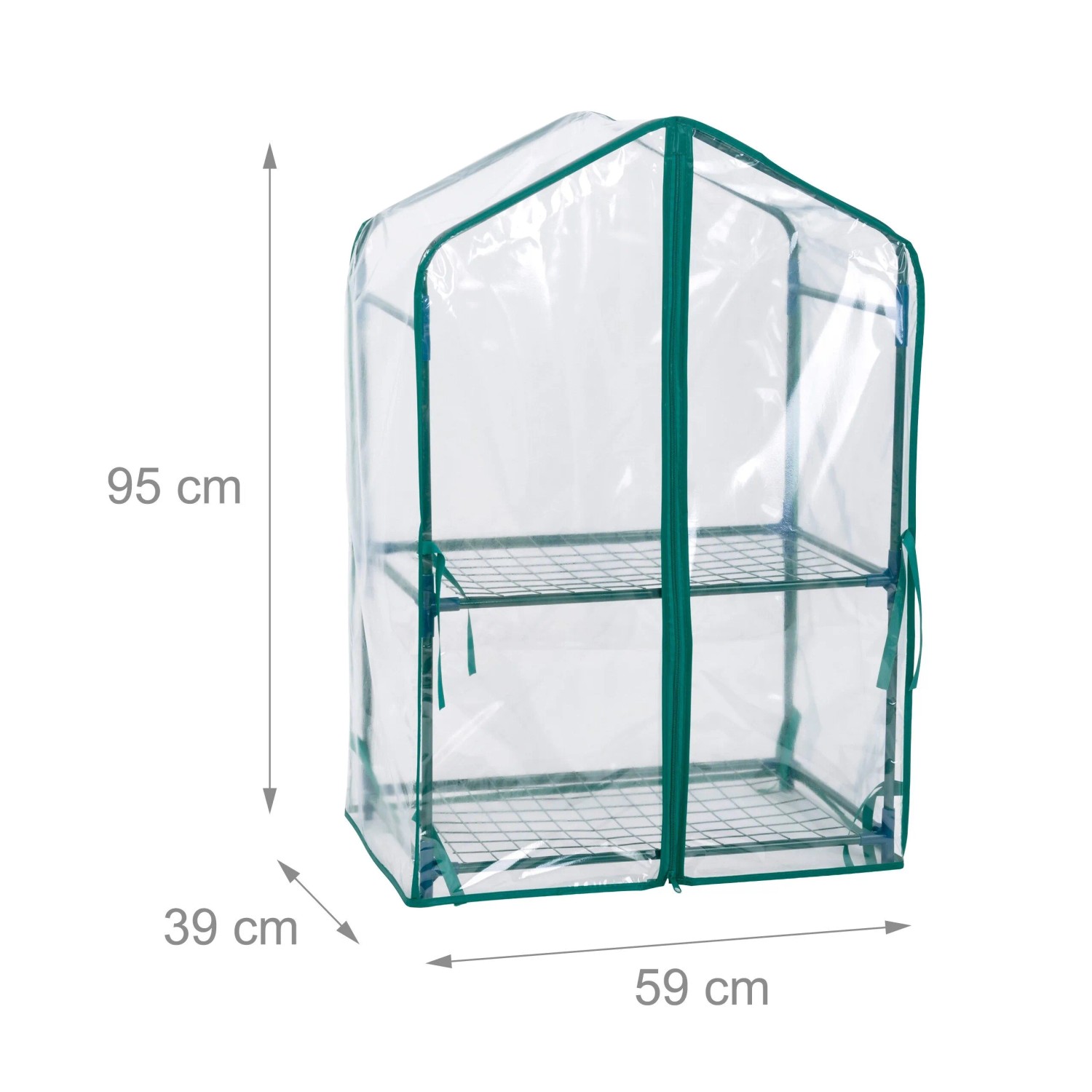 Kompaktes Balkongewächshaus aus grünem Stahl und transparenter PVC-Folie, 95x59x39 cm, mit 2 Etagen und aufrollbarer Tür.