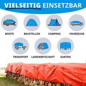 Orangefarbene Karat Abdeckplane 1,5x6m schützt Holz vor Nässe. Wasserdichte Schutzplane mit Ösen.