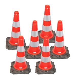 Set aus 6 UvV Bigfoot Pylonen, 500mm, rot mit Reflexstreifen, für Baustellenabsicherung.