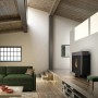 Freepoint Pelletofen Moon Titan 10 kW im modernen Wohnraum mit Holzdecke und grüner Couch.