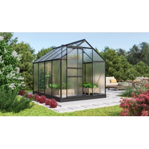 Schwarzes Vitavia Gewächshaus Comet 5000 mit Hohlkammerplatten im Garten.