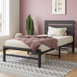 Schwarzes Metallbett 90x200cm mit dunklem Holz-Kopfteil und Lattenrost. Modernes Einzelbett für Gästezimmer mit Stauraum.
