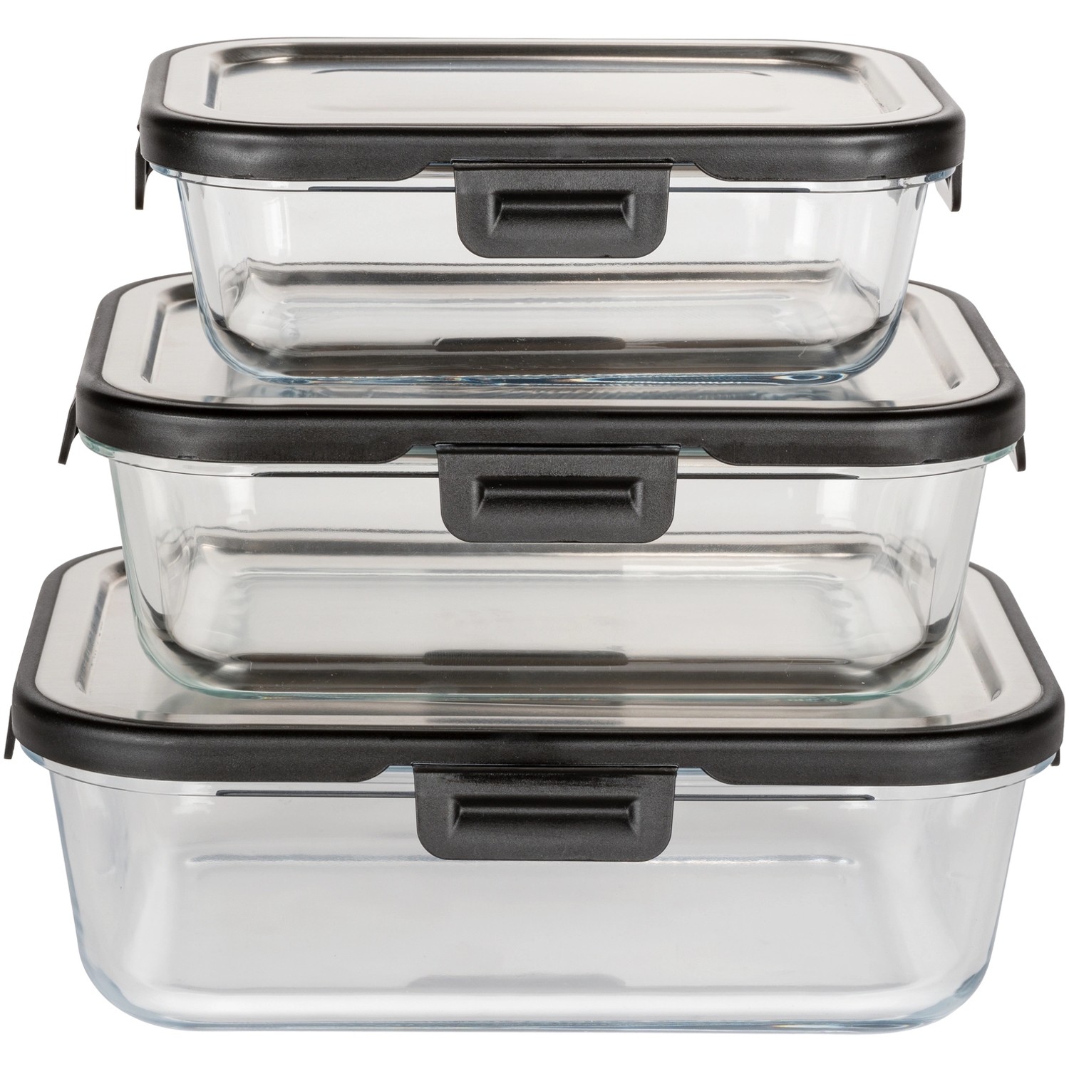 Wenko Glas Frischhaltedosen Steel Black Outdoor Kitchen, 3er Set, stapelbar.