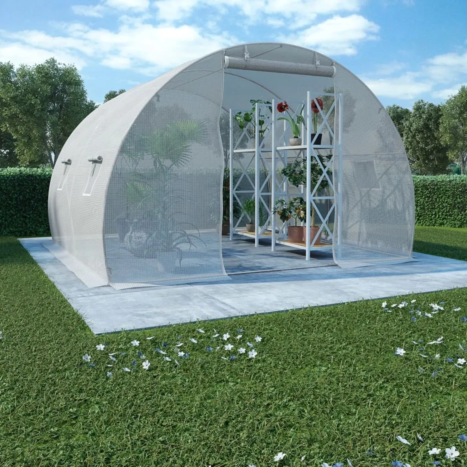 furnicato Gewächshaus 9m² mit Pflanzenregal im Garten.