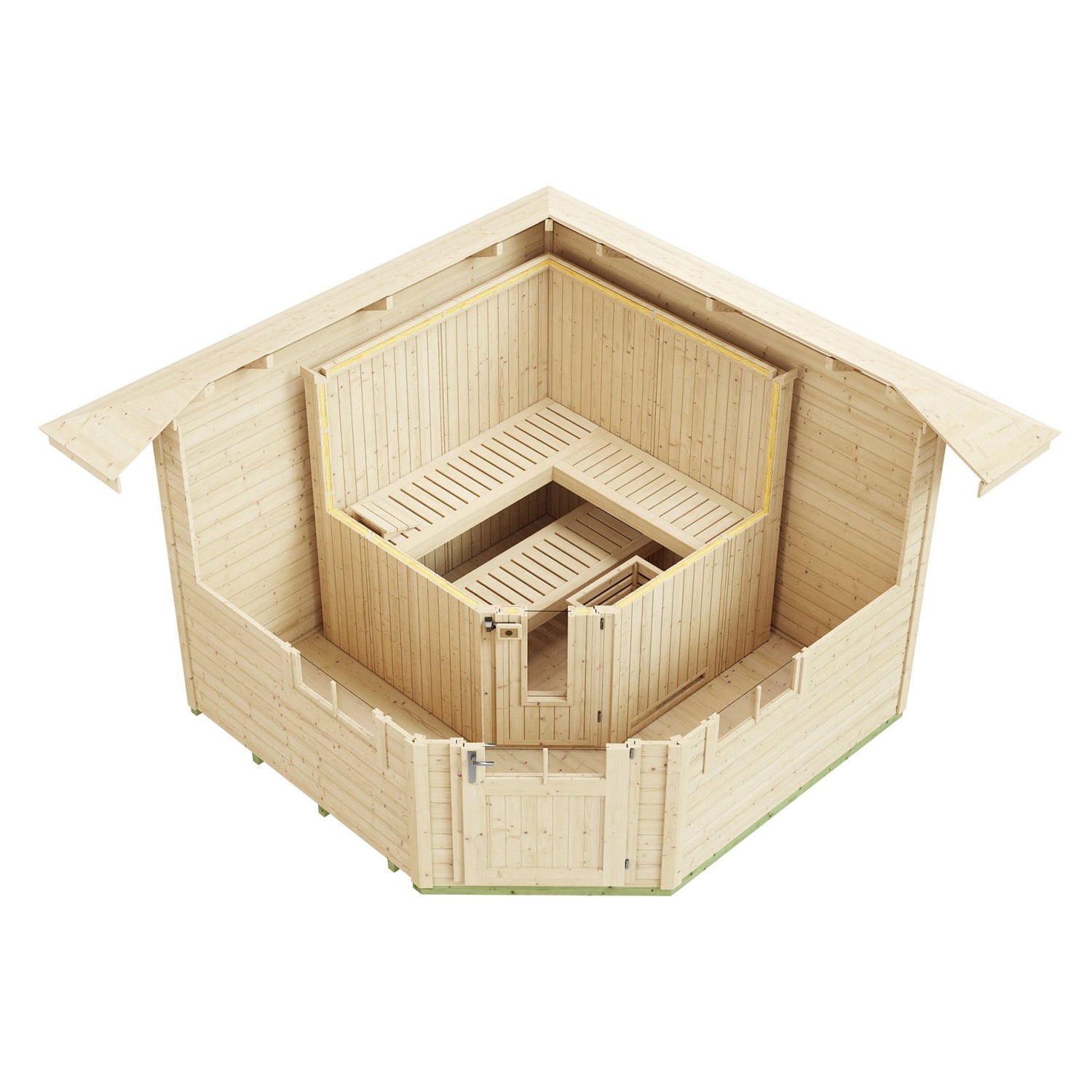 Weka Saunahaus Kurikka, Außenmaß 380x380 cm, Sparset mit 9 kW Ofen, Naturholz, Innenansicht mit Bänken.