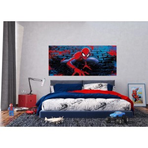 Kinderzimmer mit Spider-Man Fototapete in Rot und Blau. Wandbild im Comic-Stil.