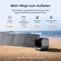 EcoFlow WAVE 3 mobiles Klimagerät am Strand mit Solarpanels, zeigt flexible Ladeoptionen und Ladezeiten.