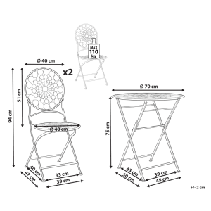Maßzeichnung Beliani Bistro Set SCARIO: klappbarer Gartentisch (Ø 70 cm) und 2 Stühle mit floralem Muster, Maßen & 110 kg Traglast.