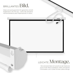 Tectake Beamer Leinwand Cinema Für 4K  Hd  Ultra Hd und Full Hd  Gain Faktor 1 0 Wand  Oder Deckenmontage  186 x 105 cm Weiß