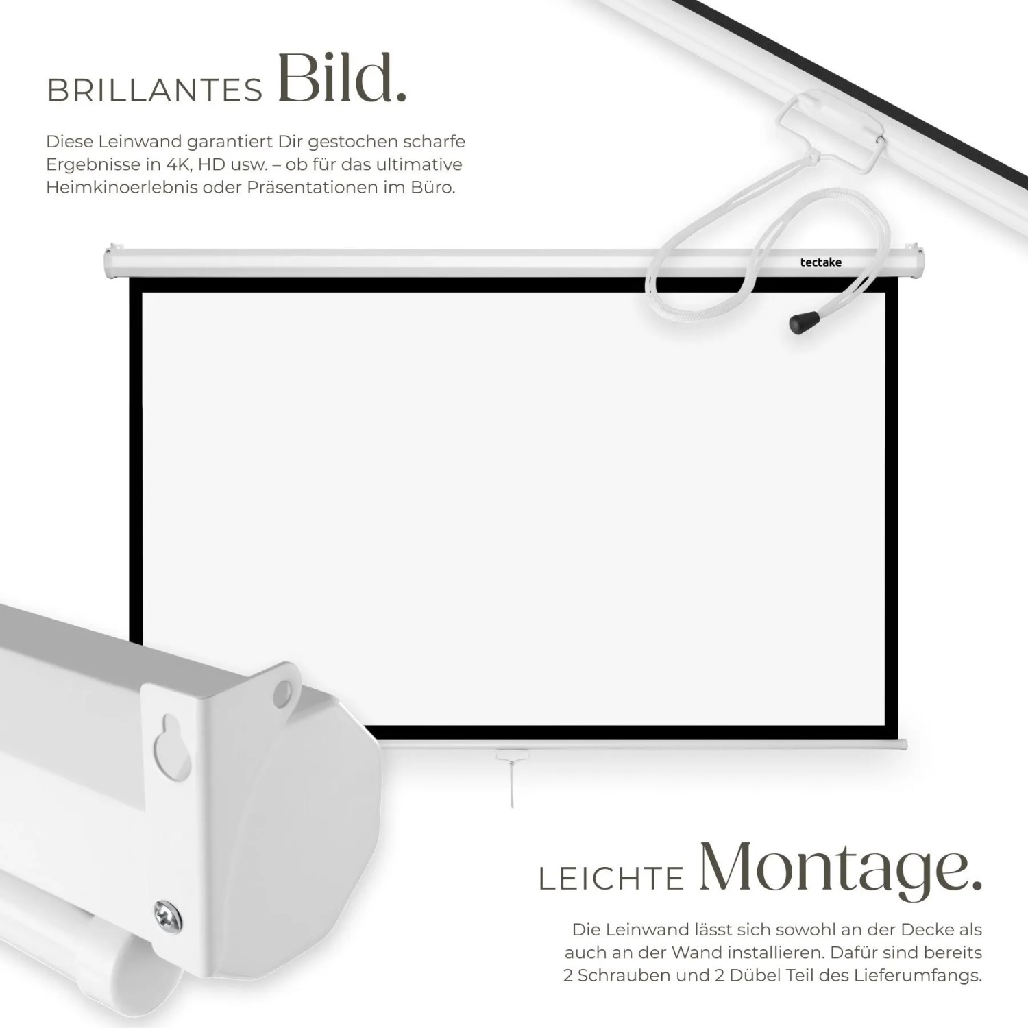 Tectake Beamer Leinwand Cinema Für 4K Hd Ultra Hd und Full Hd Gain Faktor 1 0 Wand Oder Deckenmontage 186 x 105 cm Weiß_3