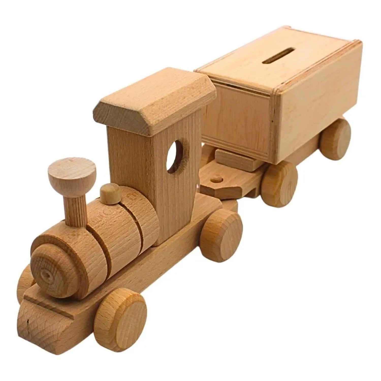 Dekohelden24 Dekorative Fahrbare Holz Spardose Sparbüchse Lokomotive Eisenbahnspardose mit Wagon aus Buchenholz zum Gestalten L/B/H 36 x 8 x 12 cm_2