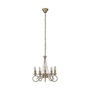 Bronzefarbener Lindby Kronleuchter Marnia im Retro Vintage Design mit fünf E14-Fassungen.