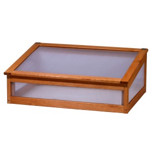 Hellbrauner Dobar Frühbeetaufsatz Kubus 2.0 aus Holz und Polycarbonat für Hochbeete.