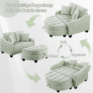 PXloue Schlafsofa 2 in 1 Sofa Bett mit Hocker Stauraum Eukalyptusholz Rahmen Stoffbezug Grün