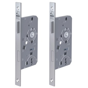 2er Set Basi Einsteck-Zimmertürschlösser mit Buntbart-Lochung, Stulp käntig, DIN Links.