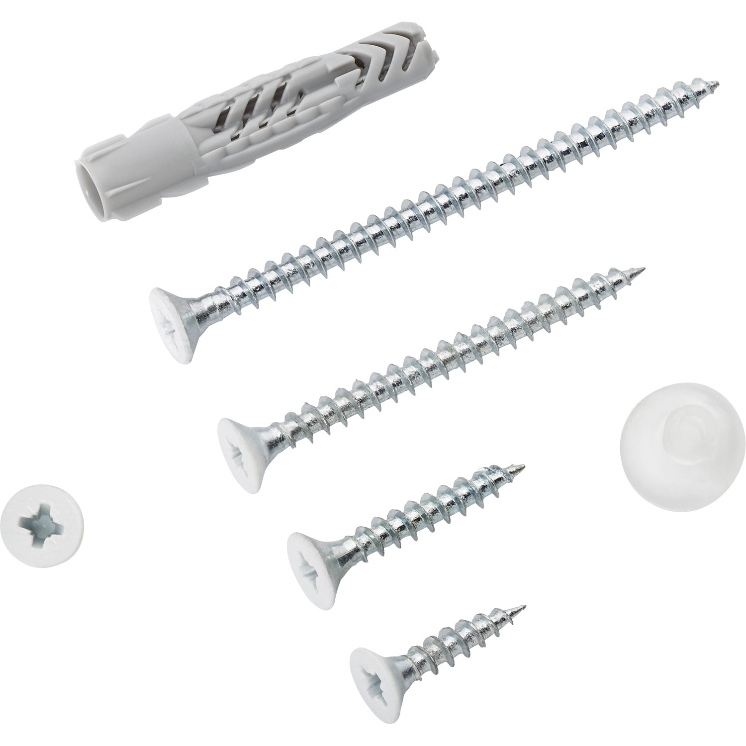 OBI Fix-Set Weiß: Dübel, Schrauben und Abdeckkappe für Regalböden.