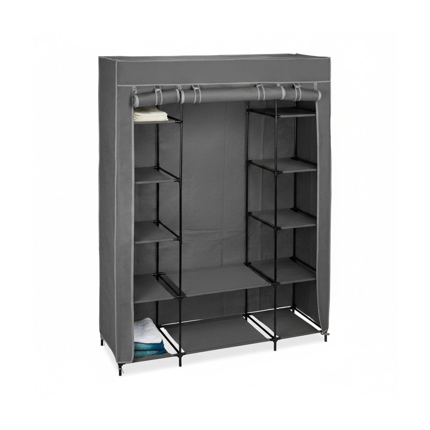 Relaxdays Stoffschrank XXL Metall Vliesstoff Kunststoff Anthrazit mit 12 Ablagen und Kleiderstange 175 cm x 135 cm x 45 cm 3,4 kg