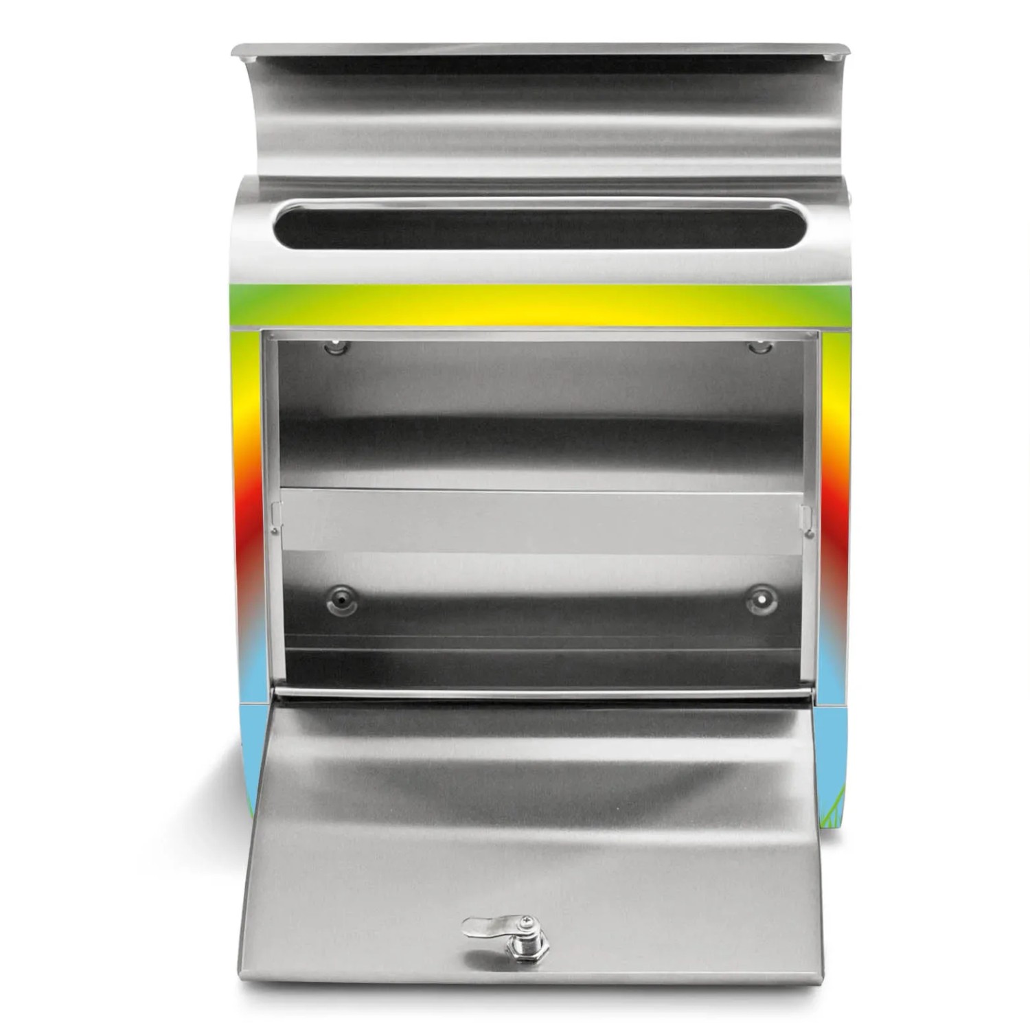Offener Banjado Briefkasten aus Edelstahl mit Regenbogen Motiv und Zeitungsfach.