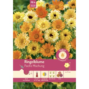 Pabst Keimkraft Ringelblume Pacific Mischung Saatgut mit gelben und orangen Blüten.