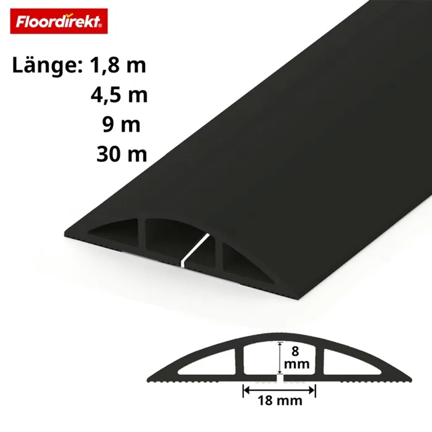 Floordirekt Kabelkanal Cable Guard, 1,8m, schwarz, rutschfest, Stolperschutz für Elektroinstallationsmaterial.