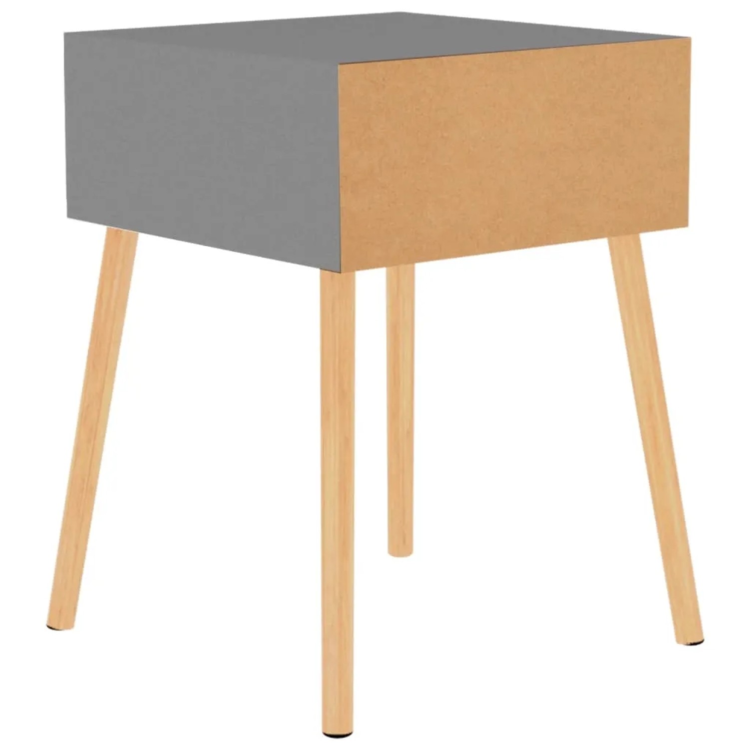 Zwei graue Nachttische aus Holzwerkstoff mit Schublade und Holzbeinen.
