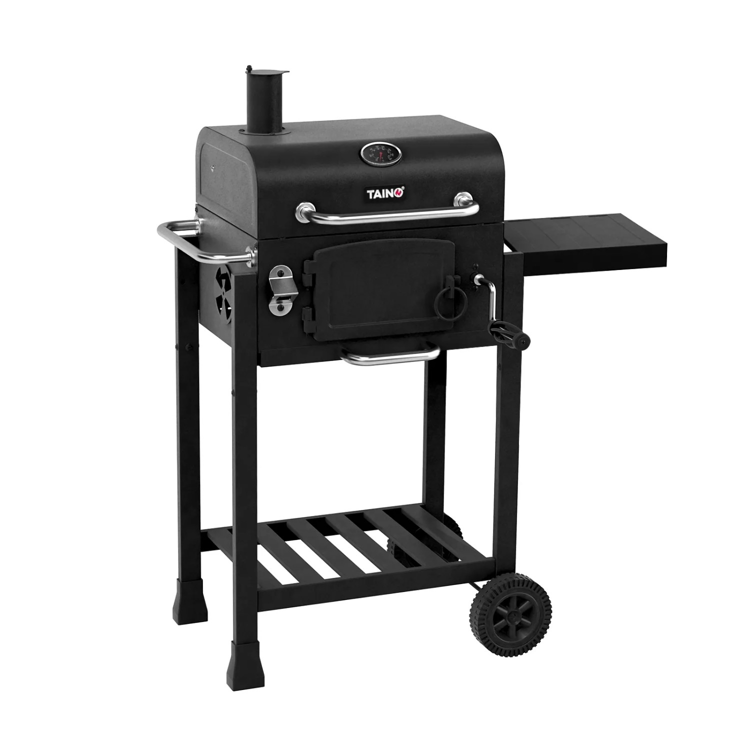 Schwarzer Taino Hero Holzkohlegrill Smoker BBQ Grillwagen mit Haube und Seitentisch.