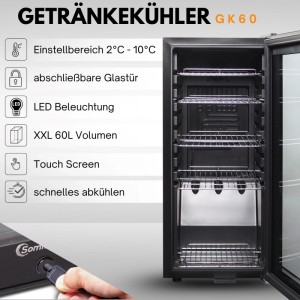 Sommertal Kühlschrank GK 60 mit Glastür und Edelstahlböden, ideal für Getränke.