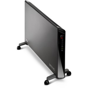 DeLonghi Konvektor HX65L22, ein schlankes, graues, elektrisches Heizgerät mit digitalem Display und Rollen.