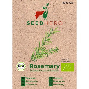 Seedhero BIO Rosmarin Samenpackung mit Rosmarinzweig Illustration.