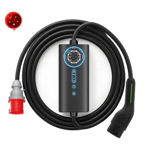 Schwarzes Junsun EV Ladegerät 22kW mit 8m Kabel, Typ 2 Stecker, 3-phasig und rotem CEE-Stecker. Einstellbare Stromstärke.