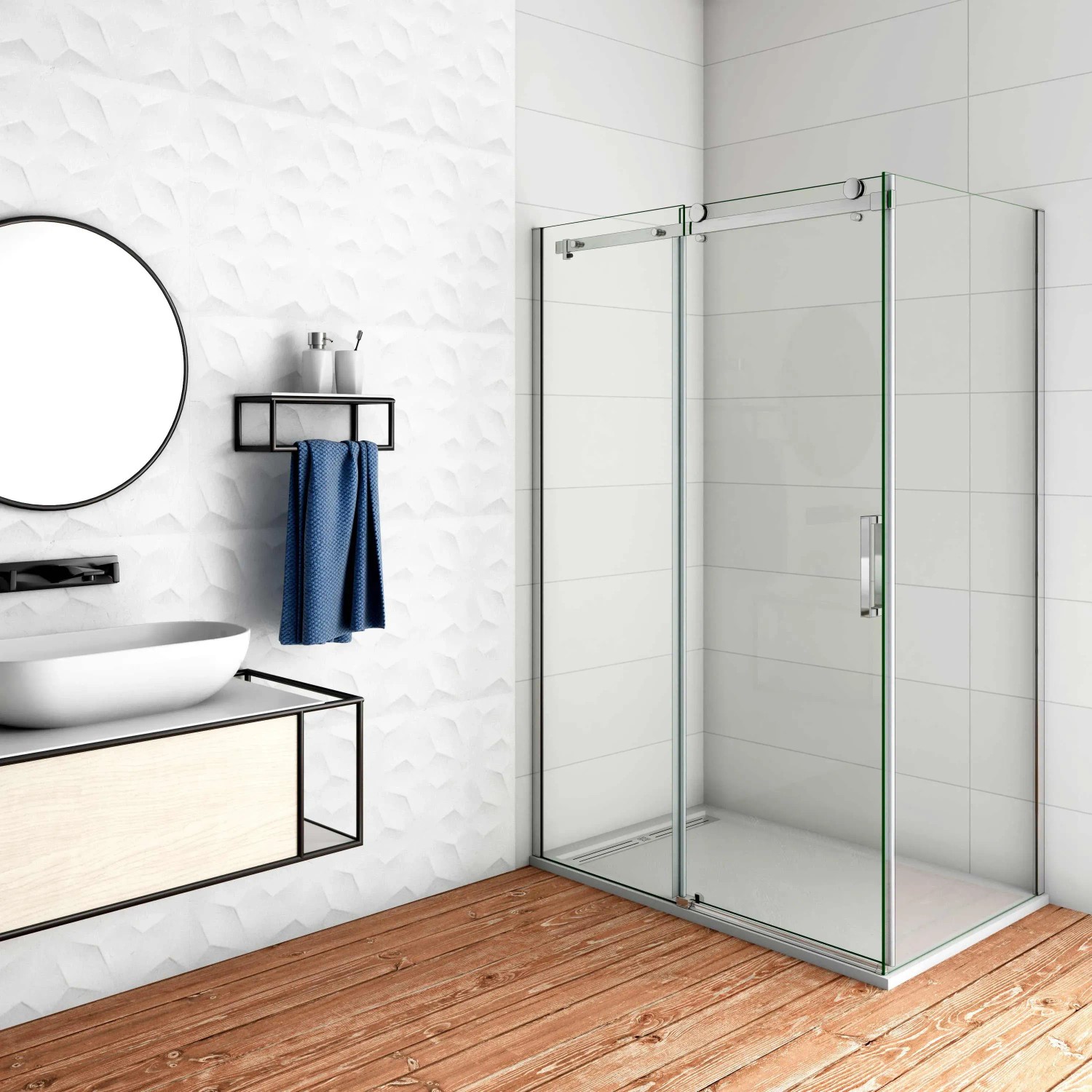 AICA Eckdusche mit Schiebetür, 145x80x195cm, 8mm ESG-Glas, chromglänzender Rahmen.
