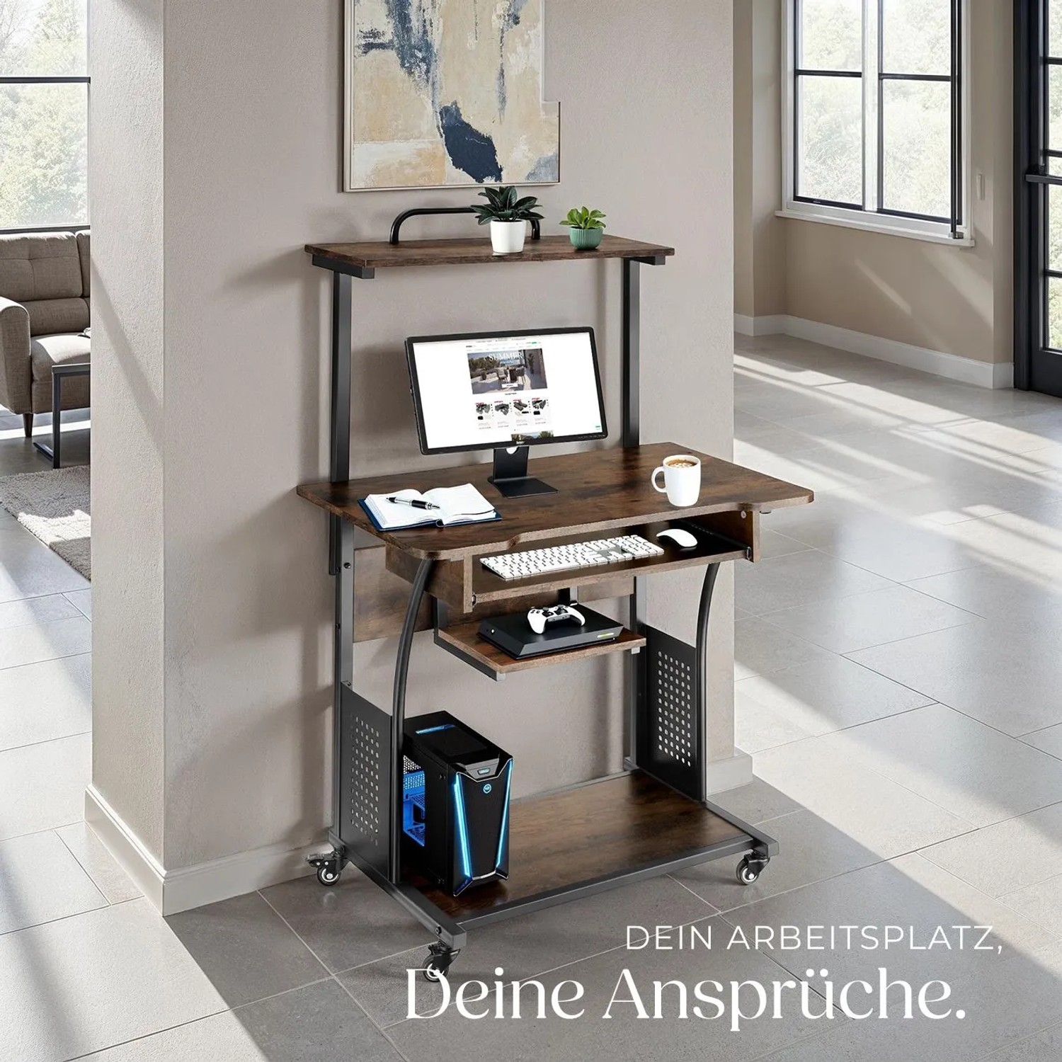 Tectake Schreibtisch Fife im Industrial Style mit Holz- und Stahl-Elementen, dunkle Holzoptik.