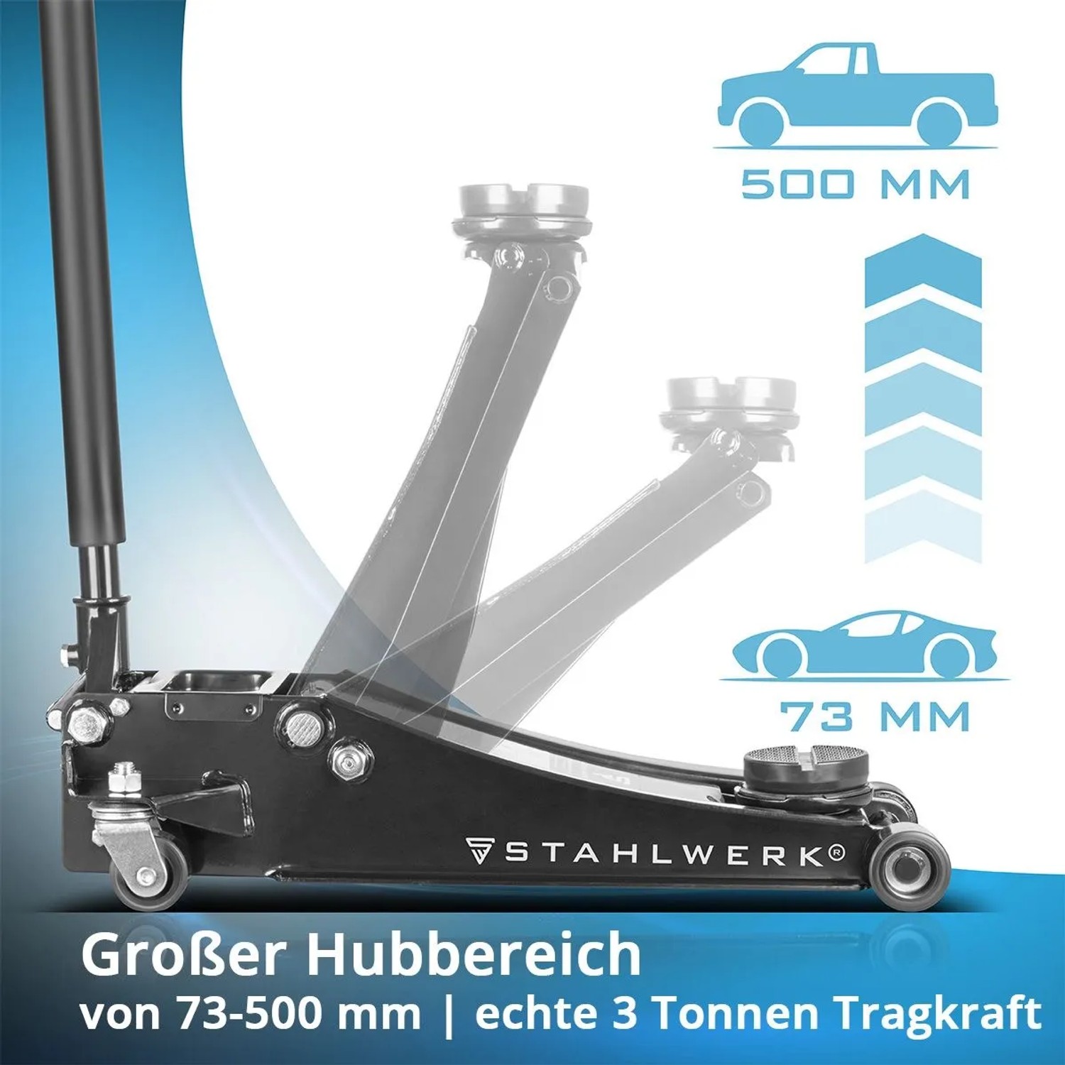 STAHLWERK Wagenheber WHB 73 ST, 3 t Tragkraft, 73-500mm Hubbereich, ideal für Autoreparatur und Reifenwechsel.