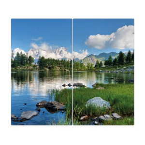 Banjado 2-teilige Herdabdeckplatte aus Glas mit Gebirgssee-Motiv, je 30x52cm.
