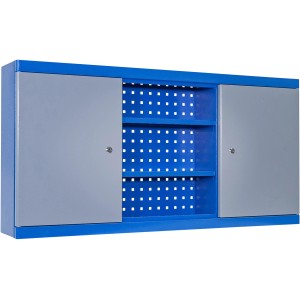 Blauer Güde Wandschrank 1200/1 mit zwei grauen Türen und offenem Fach mit Lochblech-Rückwand.
