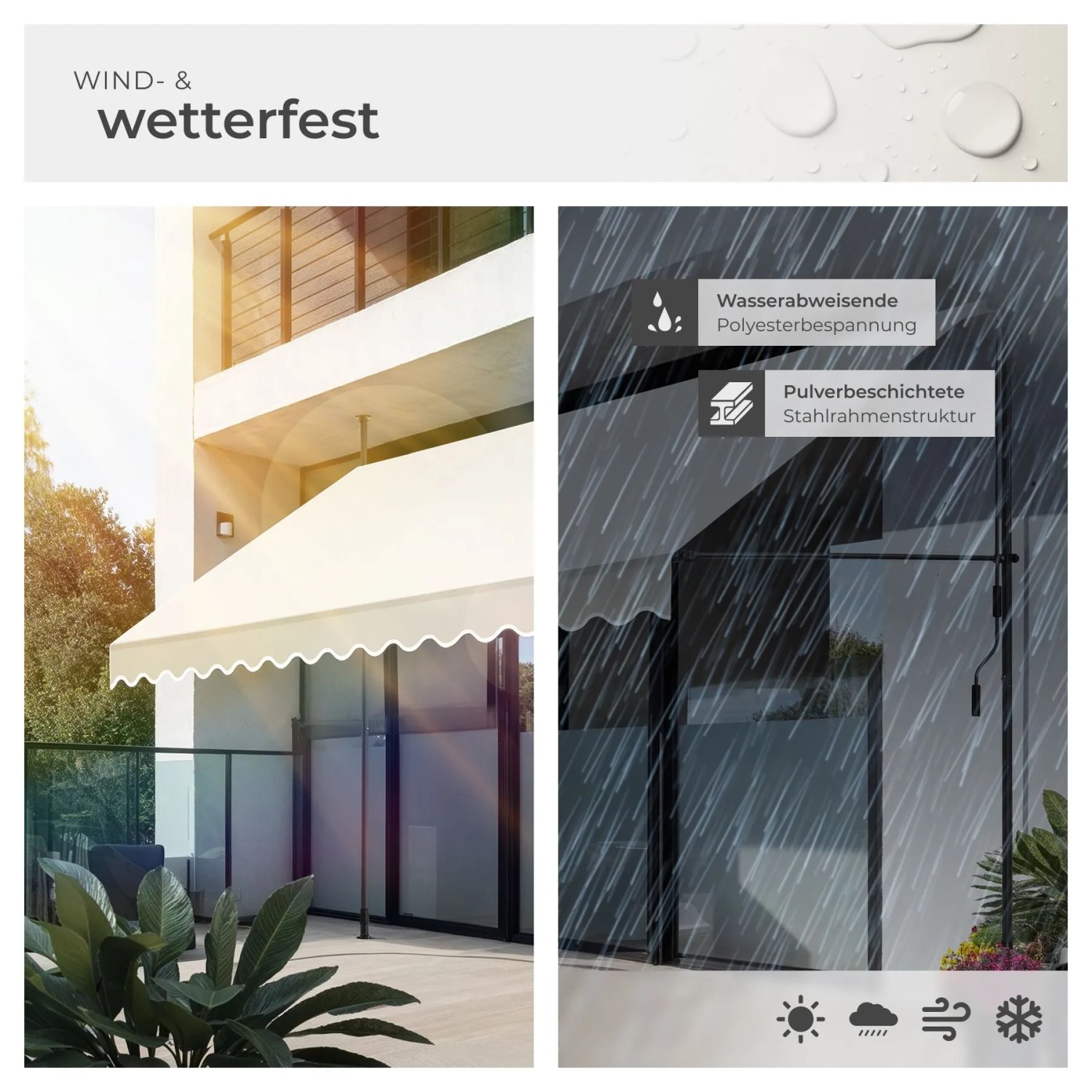 Beige Tectake Klemmmarkise auf Balkon, 400x180 cm. Wind- & wetterfest, UV-beständig, wasserabweisend mit Handkurbel.
